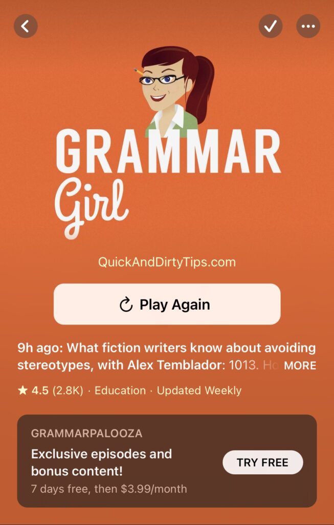 Orange background with Grammar Girl podcast image and play button